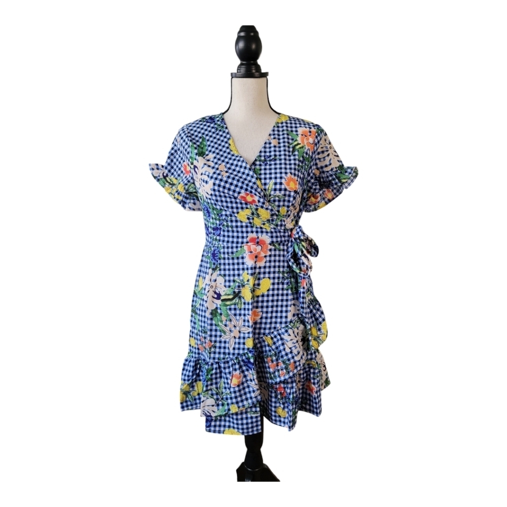 💕Hayden Gingham faux Wrap Dress with bold floral‎ print